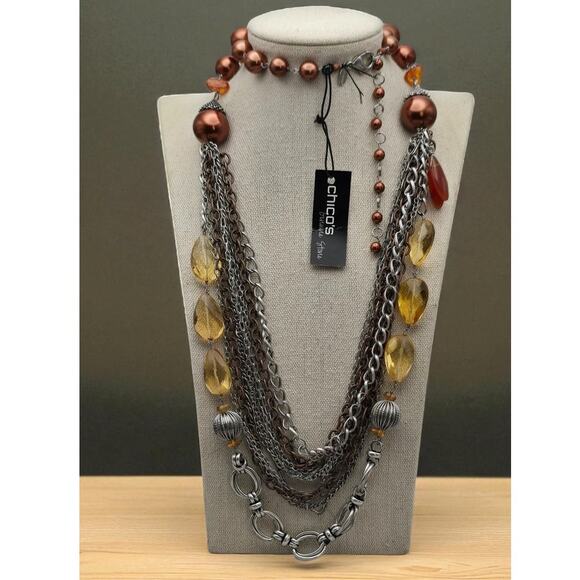 Chico’s Statement Necklace Multi Strand Chains Beads Yellow Crystal 40” Long NWT - Picture 1 of 7